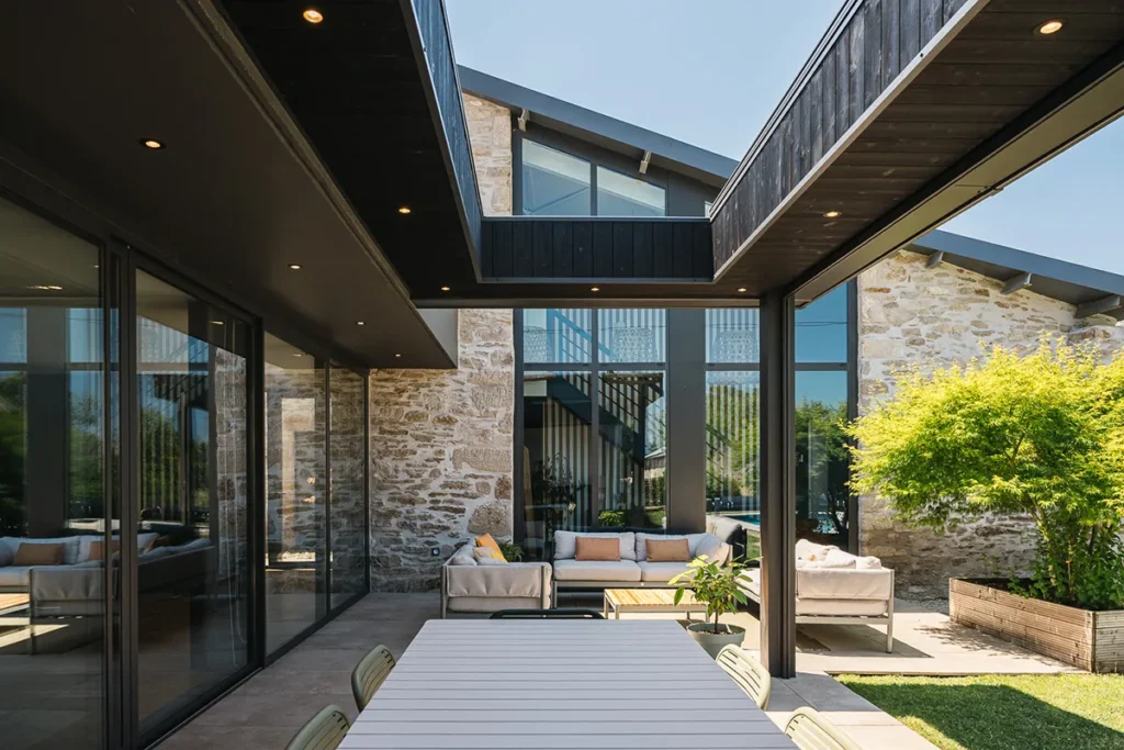 Terrasse couverte par une pergola sur mesure intégrée à une maison en pierre